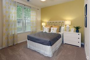 Bridgewater apartment for rent - A bedroom with a bed, nightstand, and window with curtains.