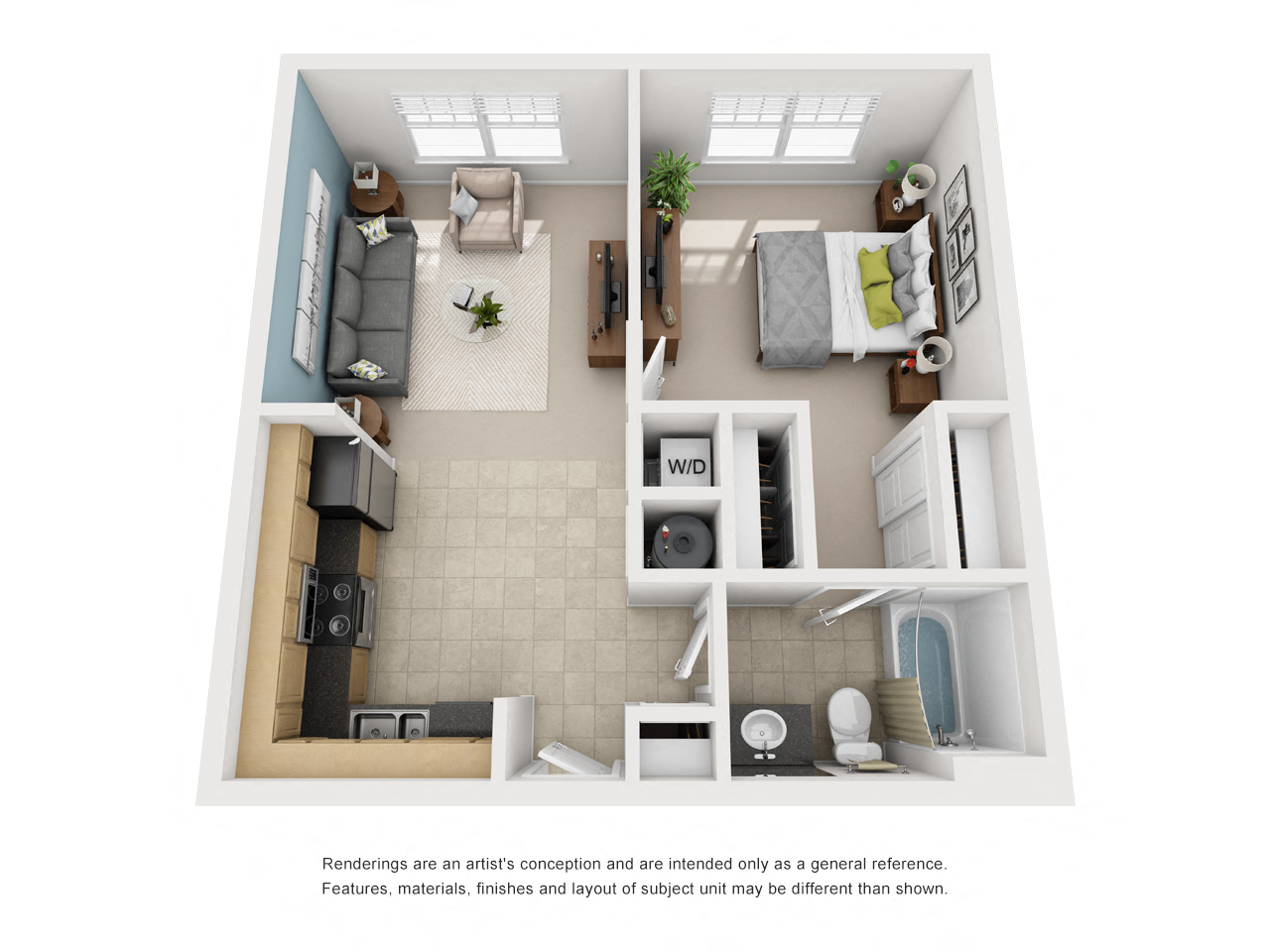 Floor plan for 1 bed, 1 bath, 558 sqft