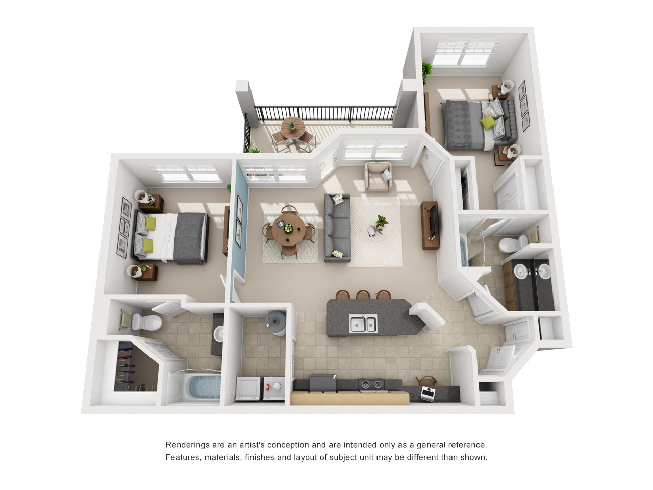 Floor plan for 2 beds, 2 baths, 1056 sqft
