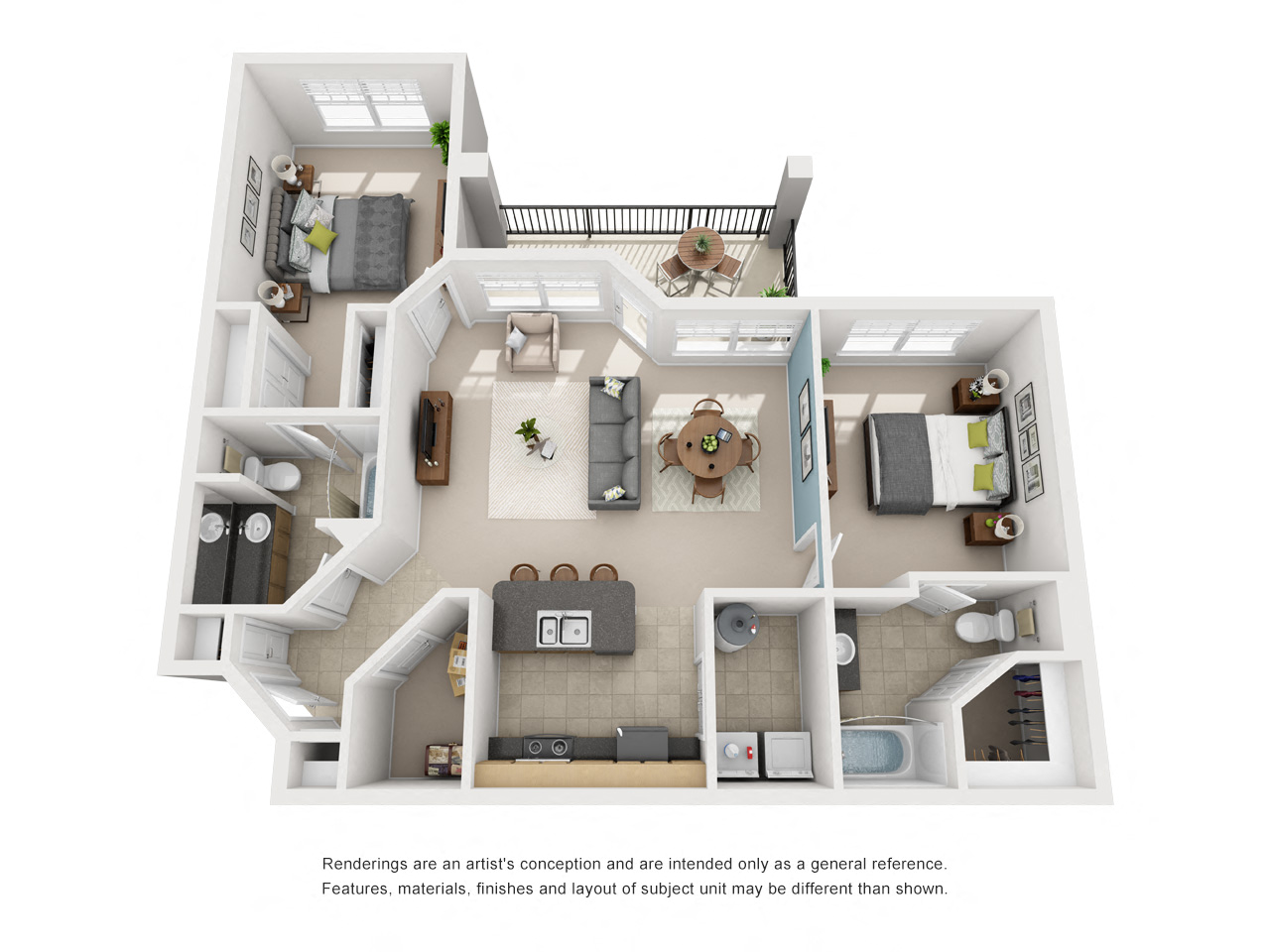 Floor plan for 2 beds, 2 baths, 1056 sqft