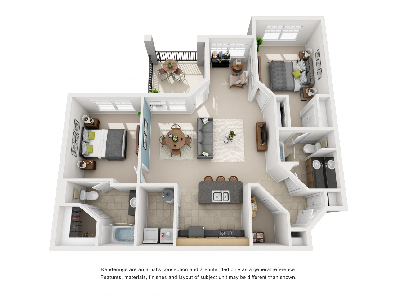 Floor plan for 2 beds, 2 baths, 1119 sqft