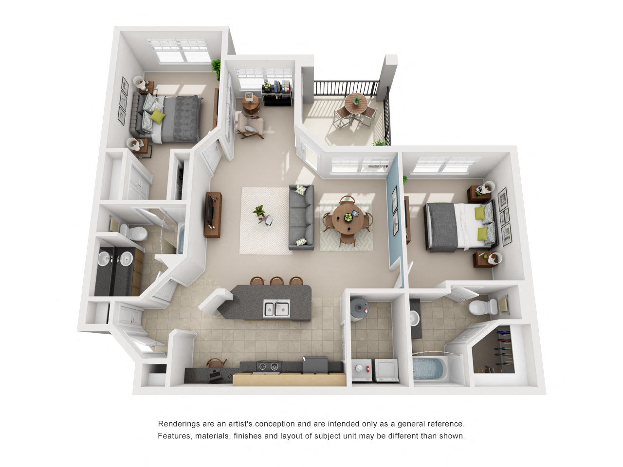 Floor plan for 2 beds, 2 baths, 1119 sqft