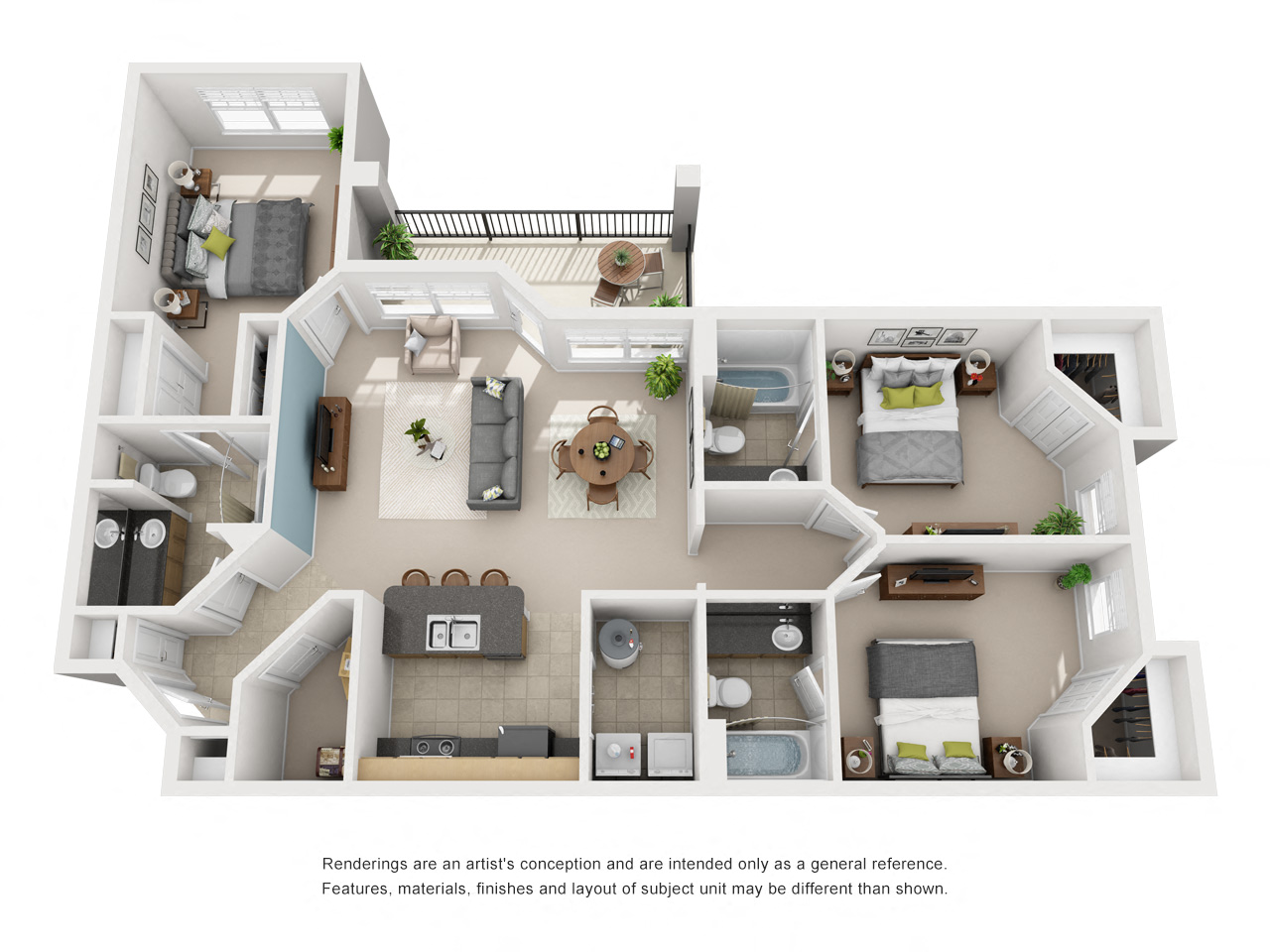Floor plan for 3 beds, 3 baths, 1287 sqft