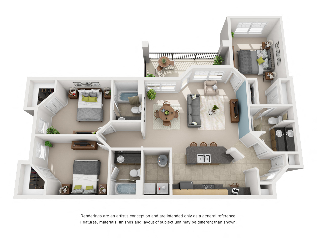 Floor plan for 3 beds, 3 baths, 1287 sqft