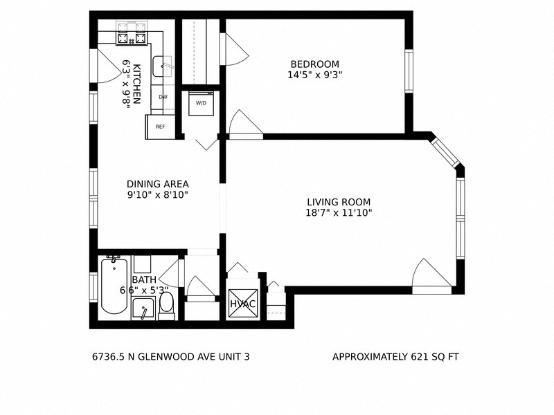 Floor plan for 1 bed, 1 bath, 658 sqft