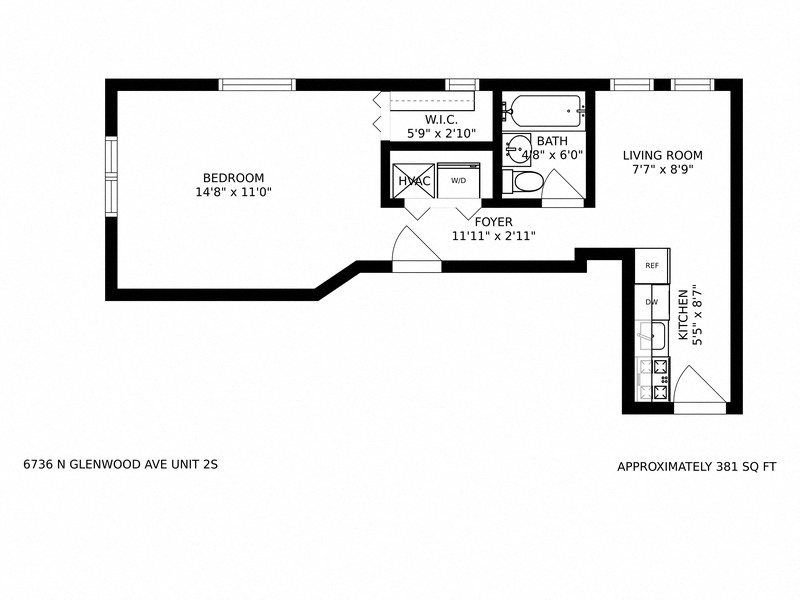 Floor plan for studio, 1 bath, 381 sqft