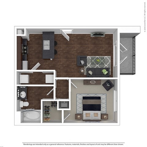 Floor plan for 1 bed, 1 bath, 659 sqft