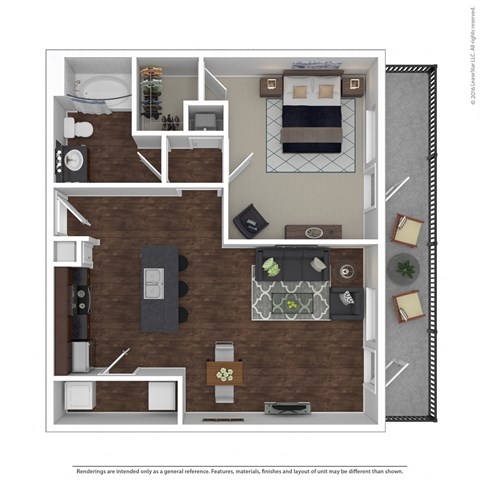 Floor plan for 1 bed, 1 bath, 736 sqft