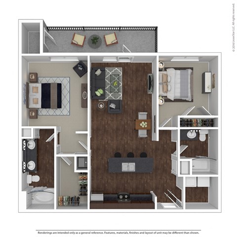 Floor plan for 2 beds, 2 baths, 1055 sqft