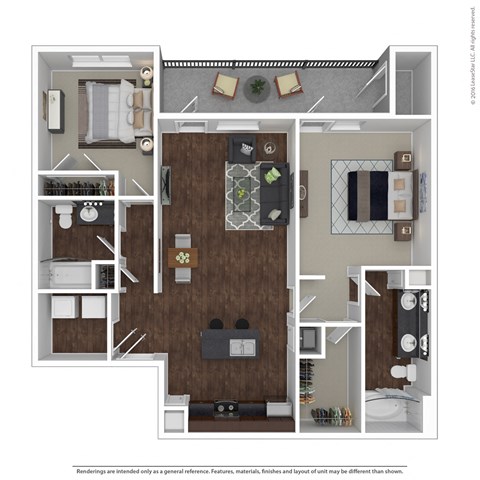 Floor plan for 2 beds, 2 baths, 1069 sqft
