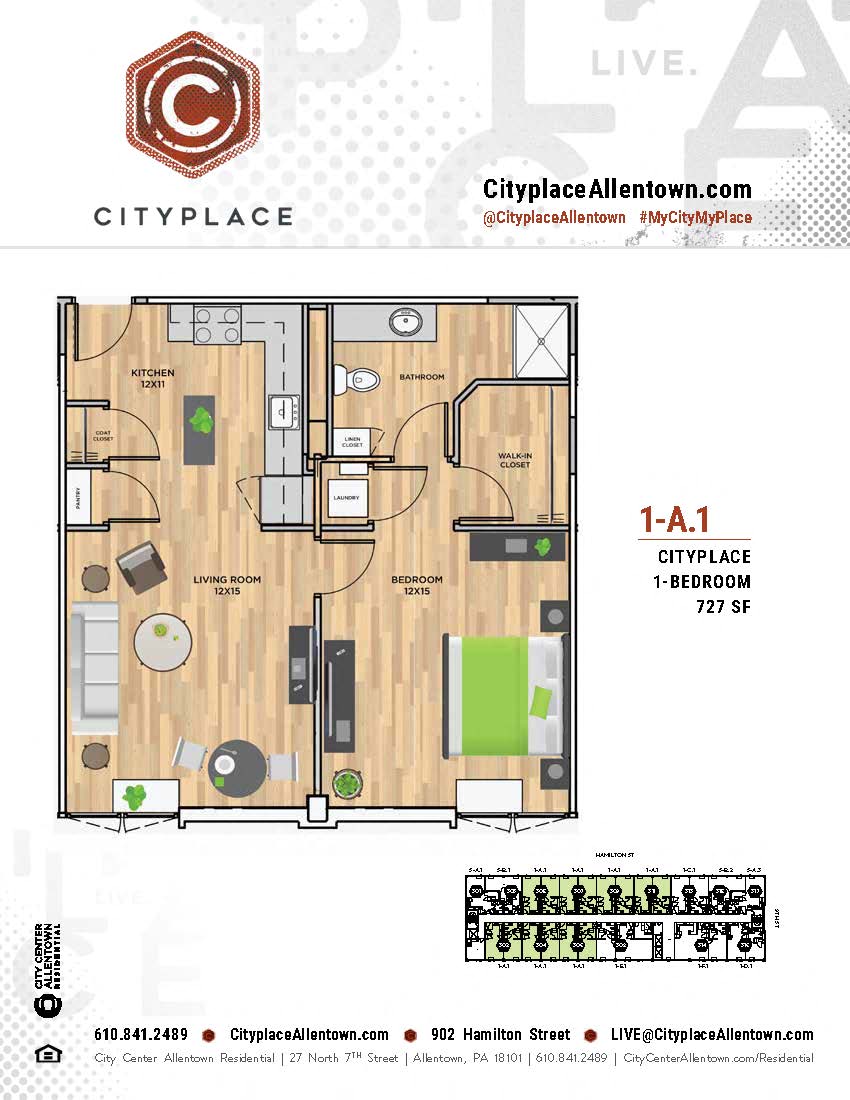 Floor plan for 1 bed, 1 bath, 727 sqft