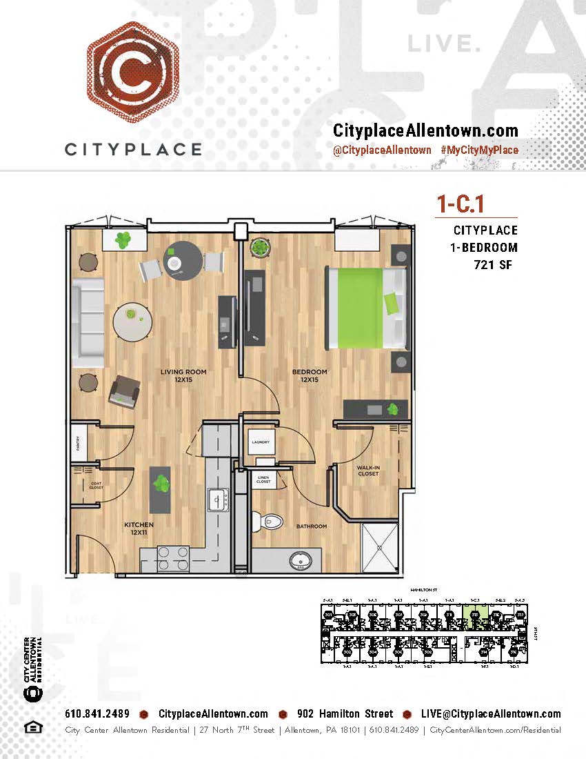 Floor plan for 1 bed, 1 bath, 721 sqft