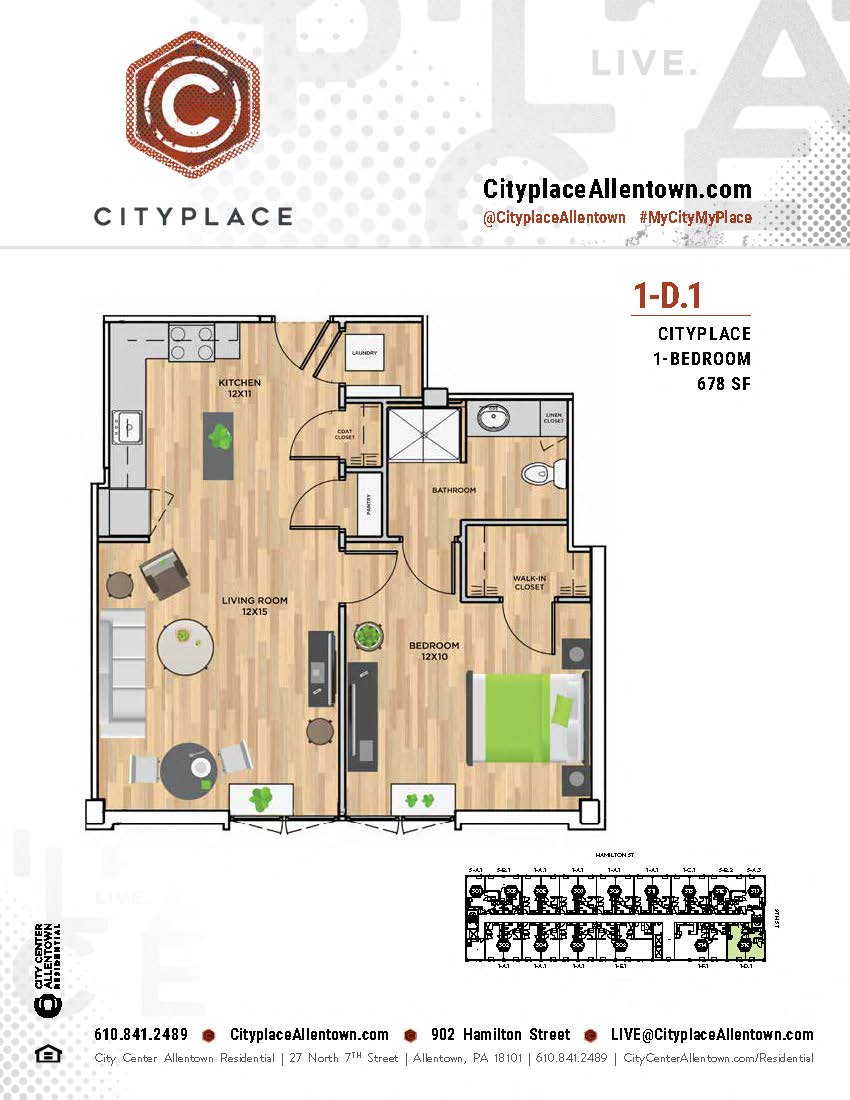 Floor plan for 1 bed, 1 bath, 678 sqft