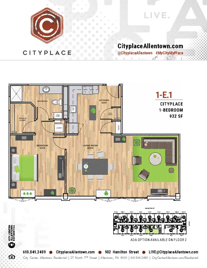 Floor plan for 1 bed, 1 bath, 912 sqft