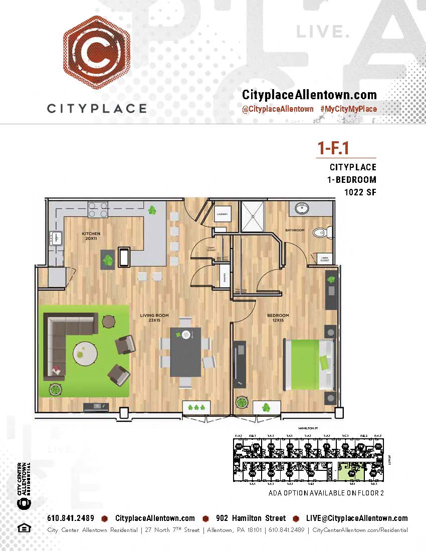 Floor plan for 1 bed, 1 bath, 1022 sqft
