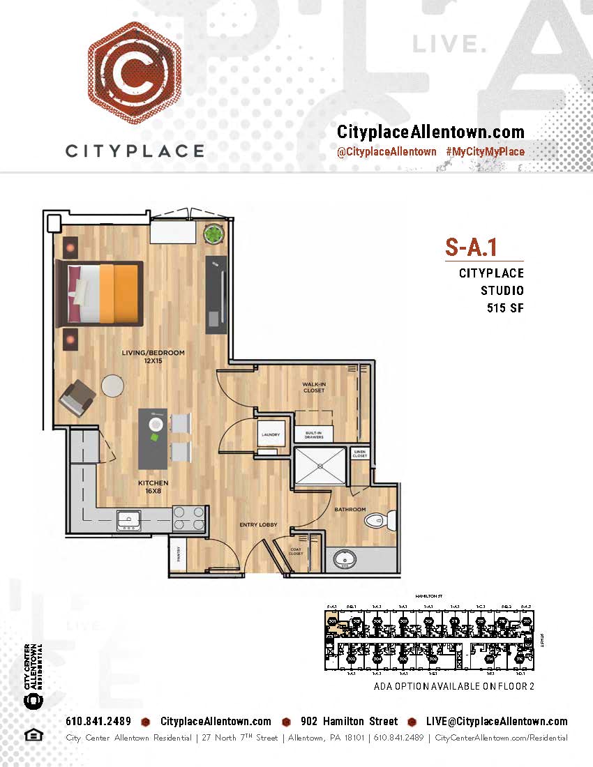 Floor plan for studio, 1 bath, 536 sqft