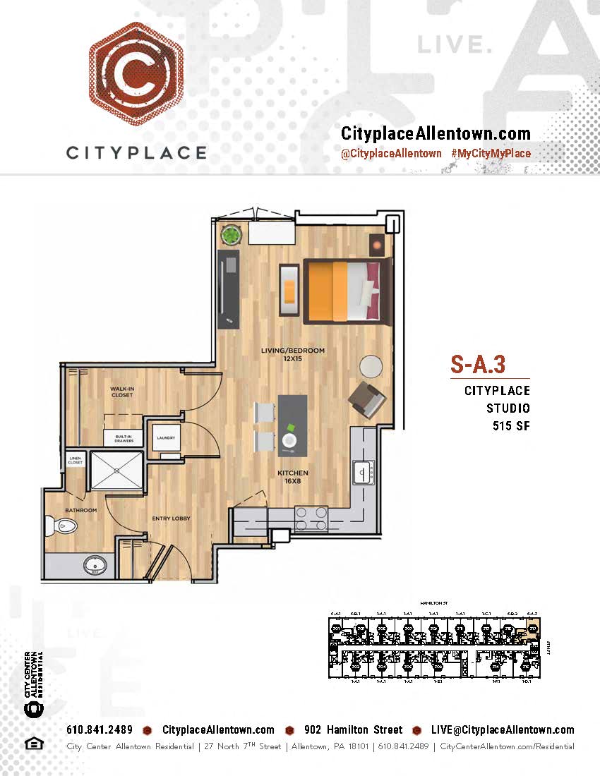 Floor plan for studio, 1 bath, 515 sqft