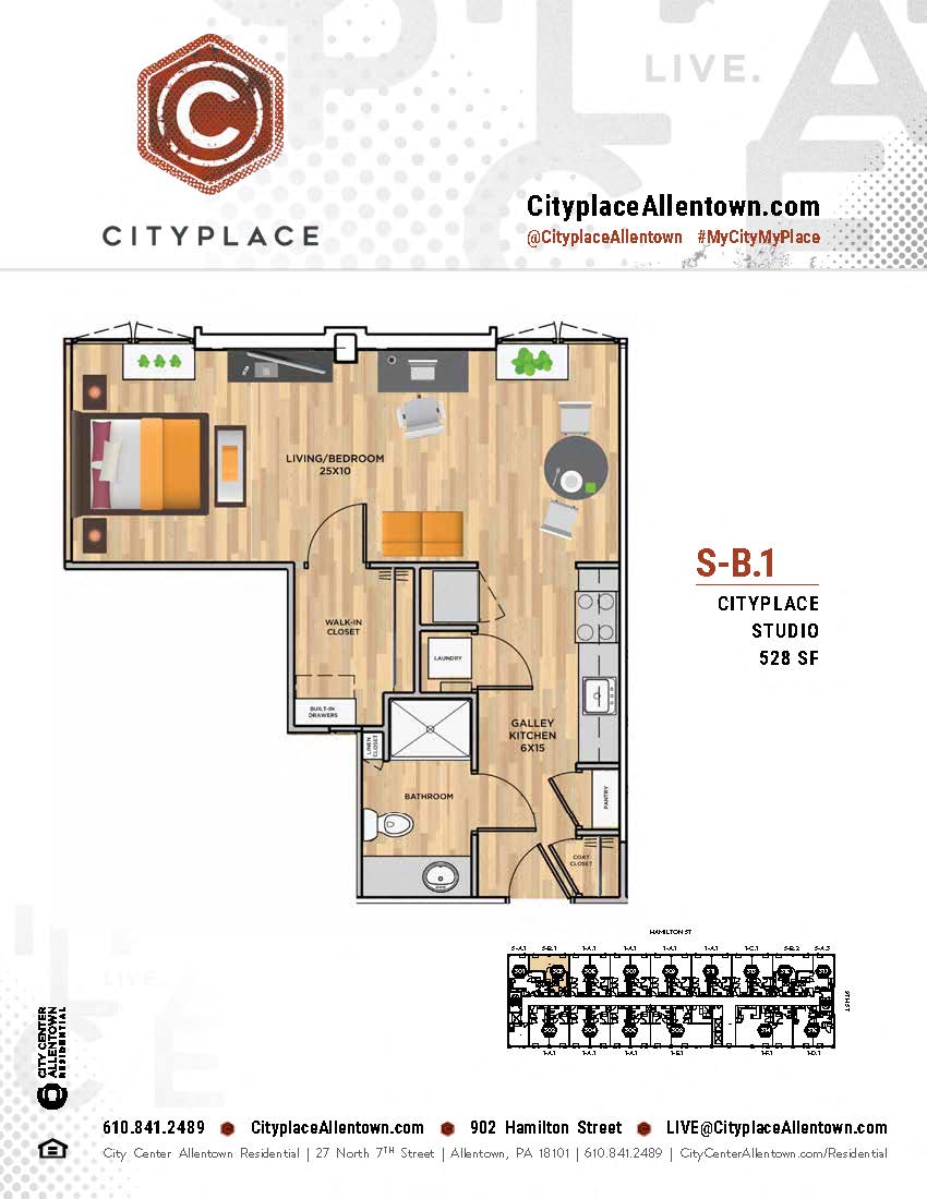 Floor plan for studio, 1 bath, 528 sqft