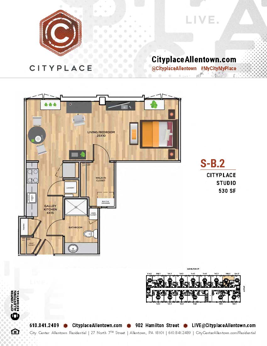 Floor plan for studio, 1 bath, 530 sqft