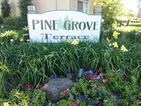 Modesto apartment for rent - a sign for pine grove terrace in a garden