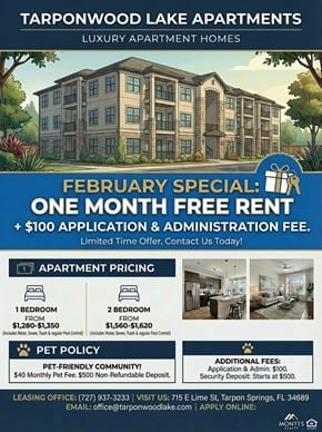 Tarpon Springs apartment for rent - An advertisement for Tarponwood Lake Apartments offering a special February promotion.