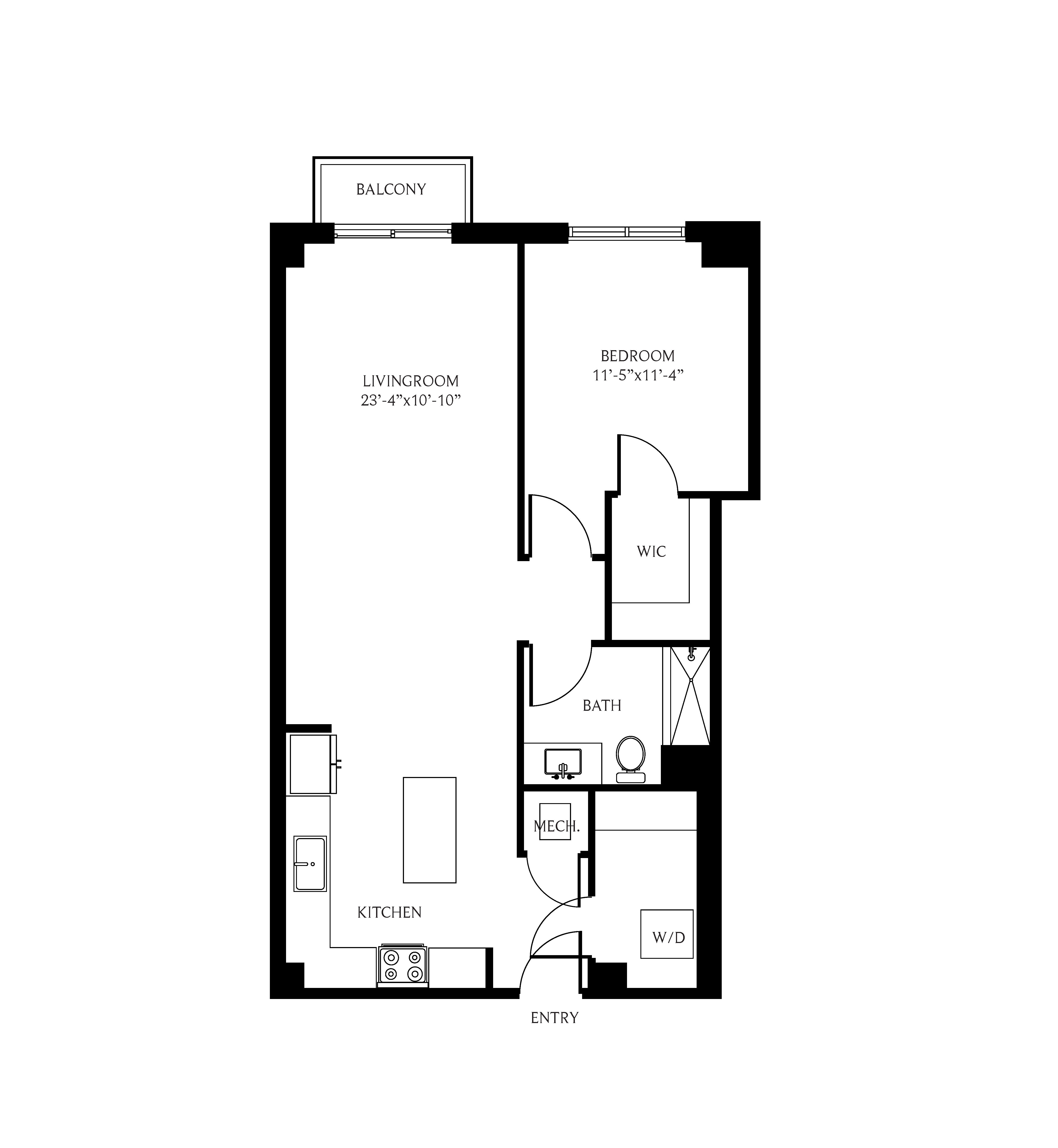 Floor plan for 1 bed, 1 bath, 927 sqft