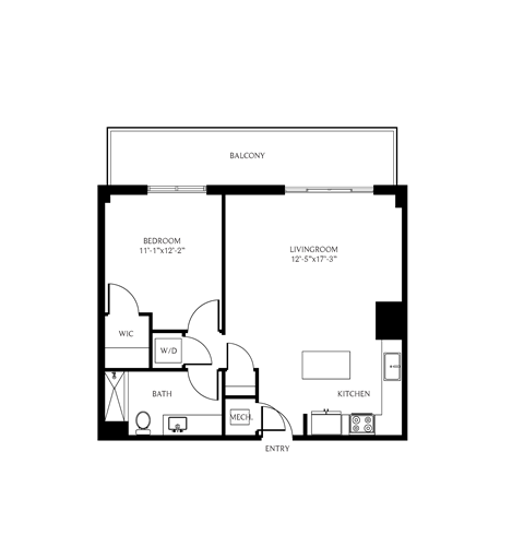 Floor plan for 1 bed, 1 bath, 806 sqft