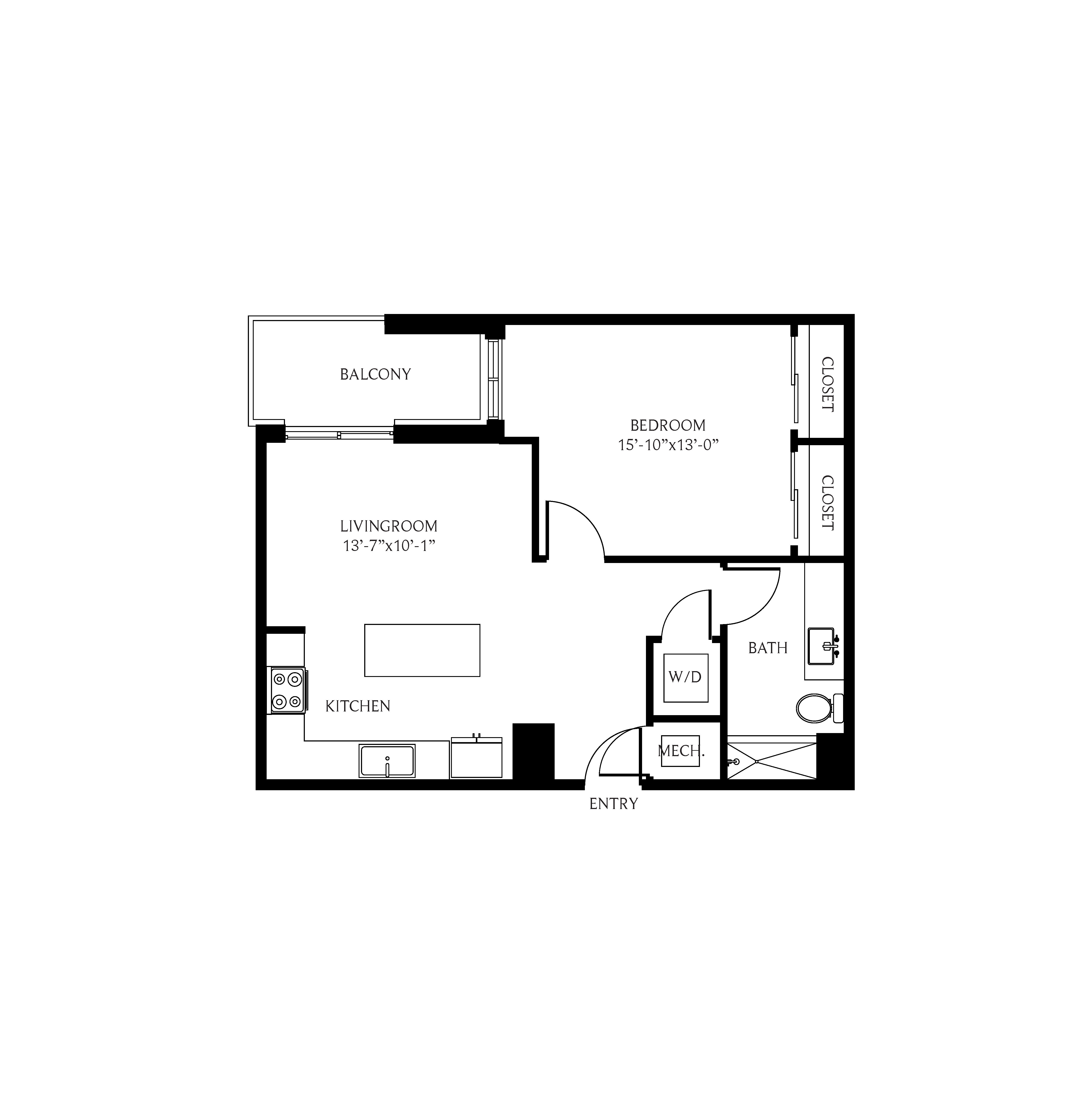 Floor plan for 1 bed, 1 bath, 772 sqft