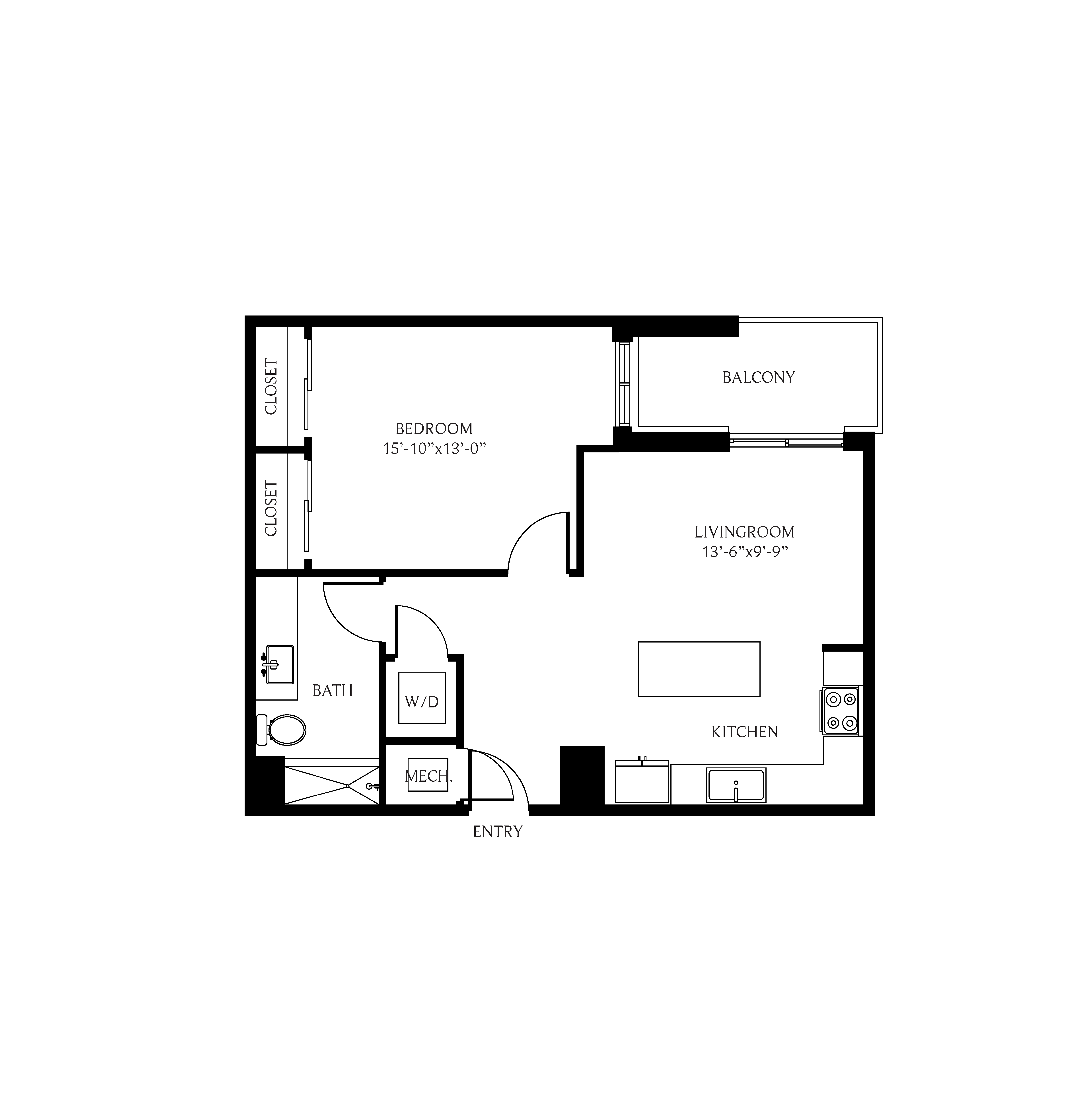 Floor plan for 1 bed, 1 bath, 772 sqft