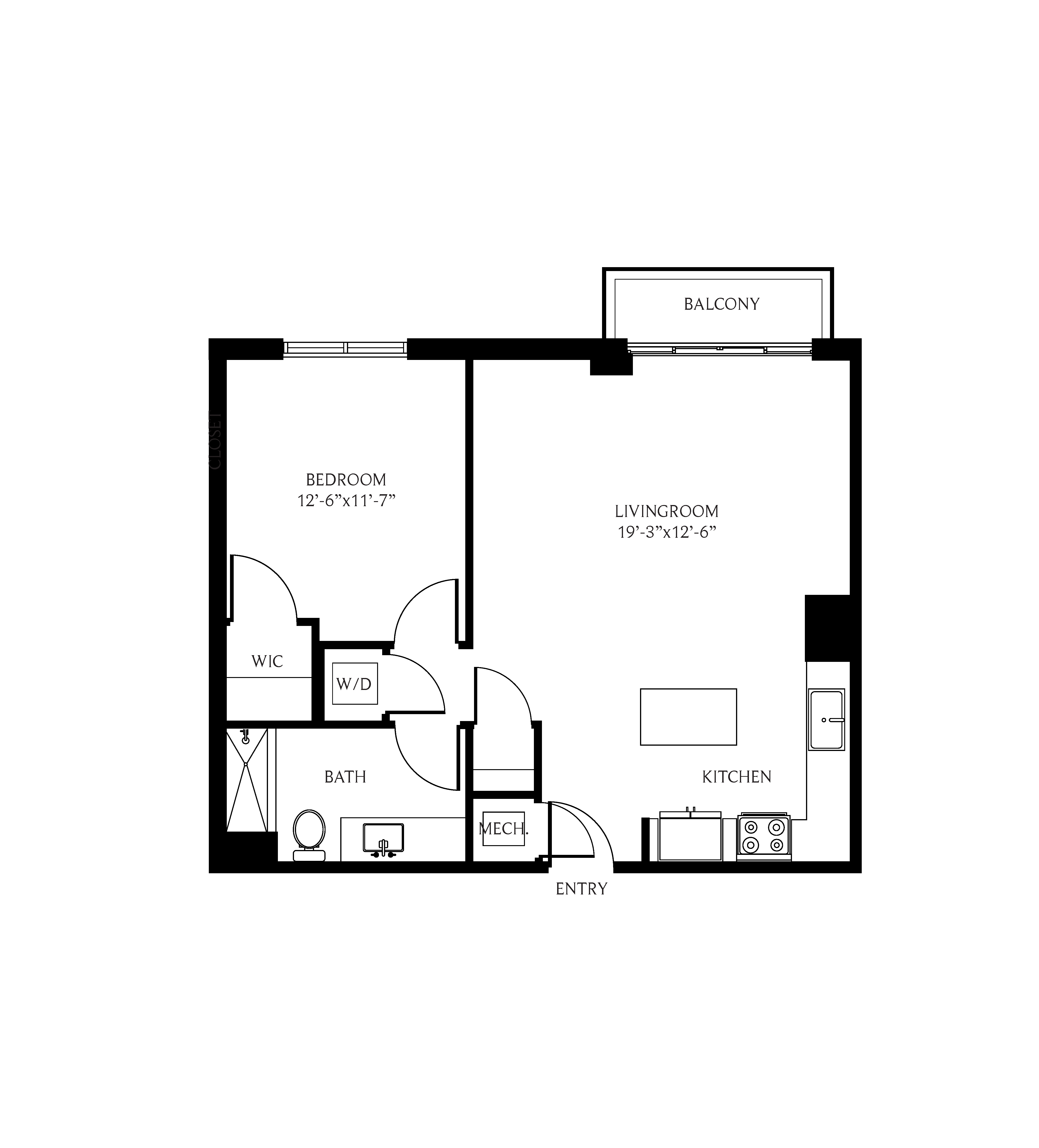 Floor plan for 1 bed, 1 bath, 803 sqft