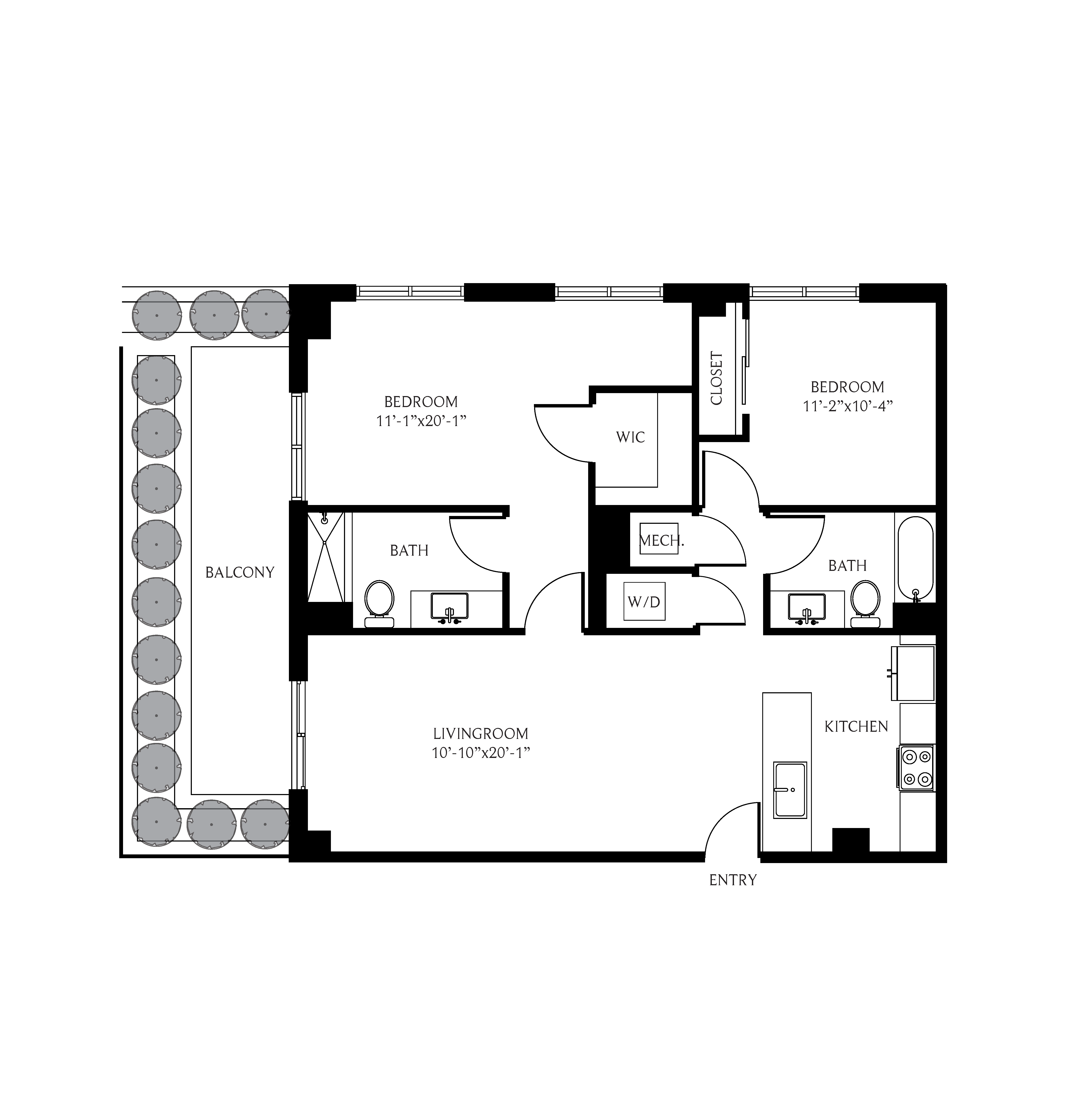 Floor plan for 2 beds, 2 baths, 1148 sqft