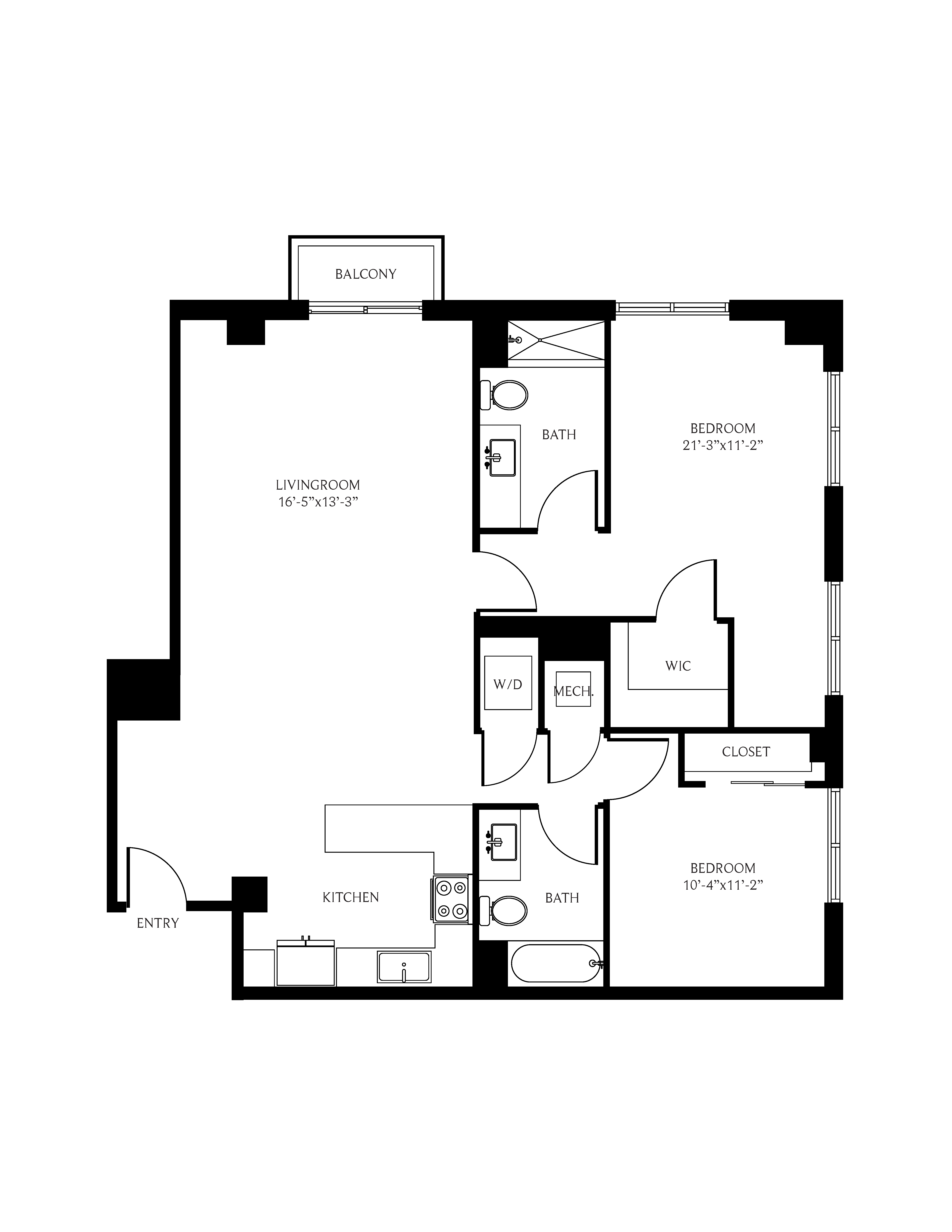 Floor plan for 2 beds, 2 baths, 1275 sqft