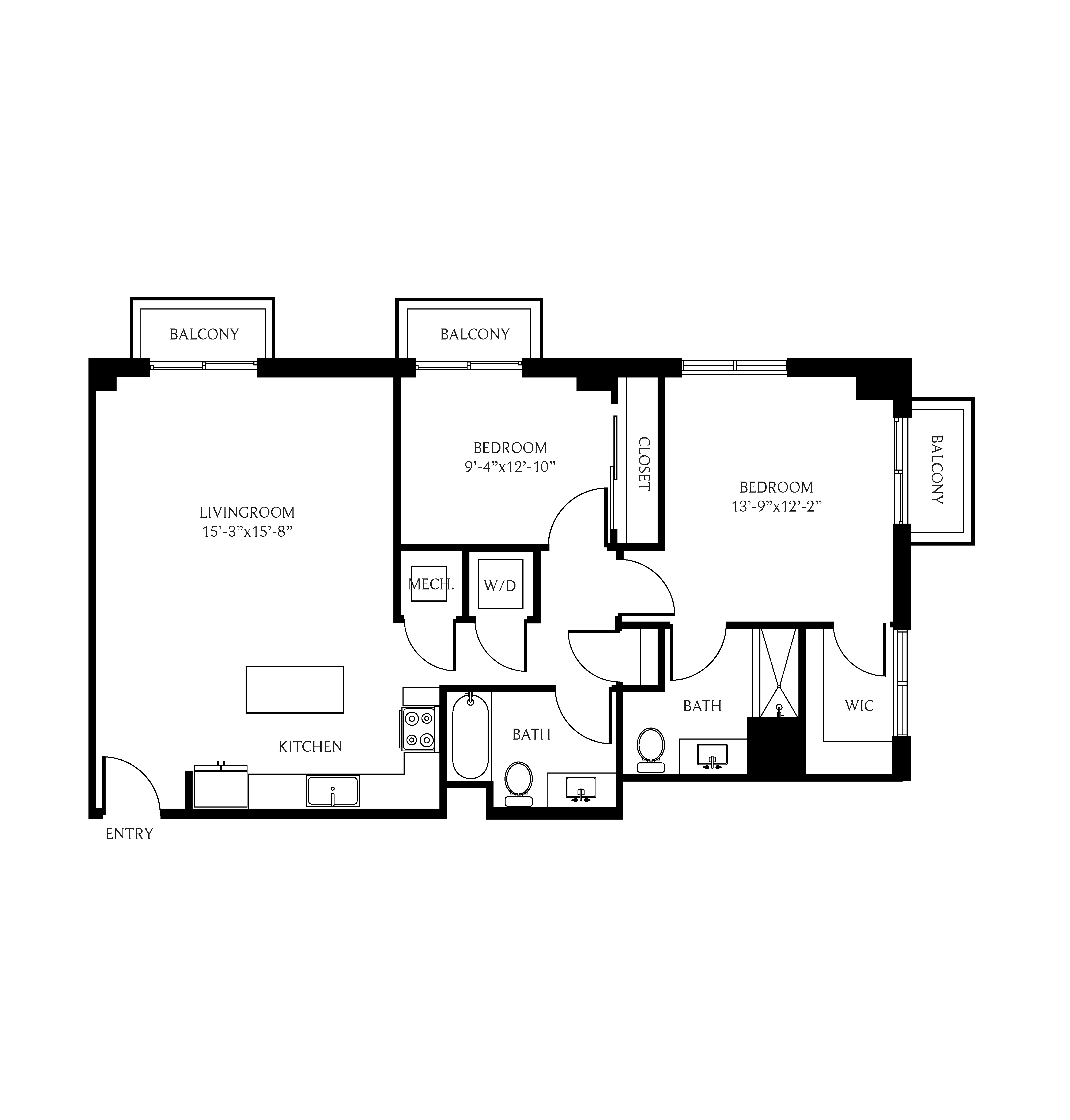 Floor plan for 2 beds, 2 baths, 1143 sqft