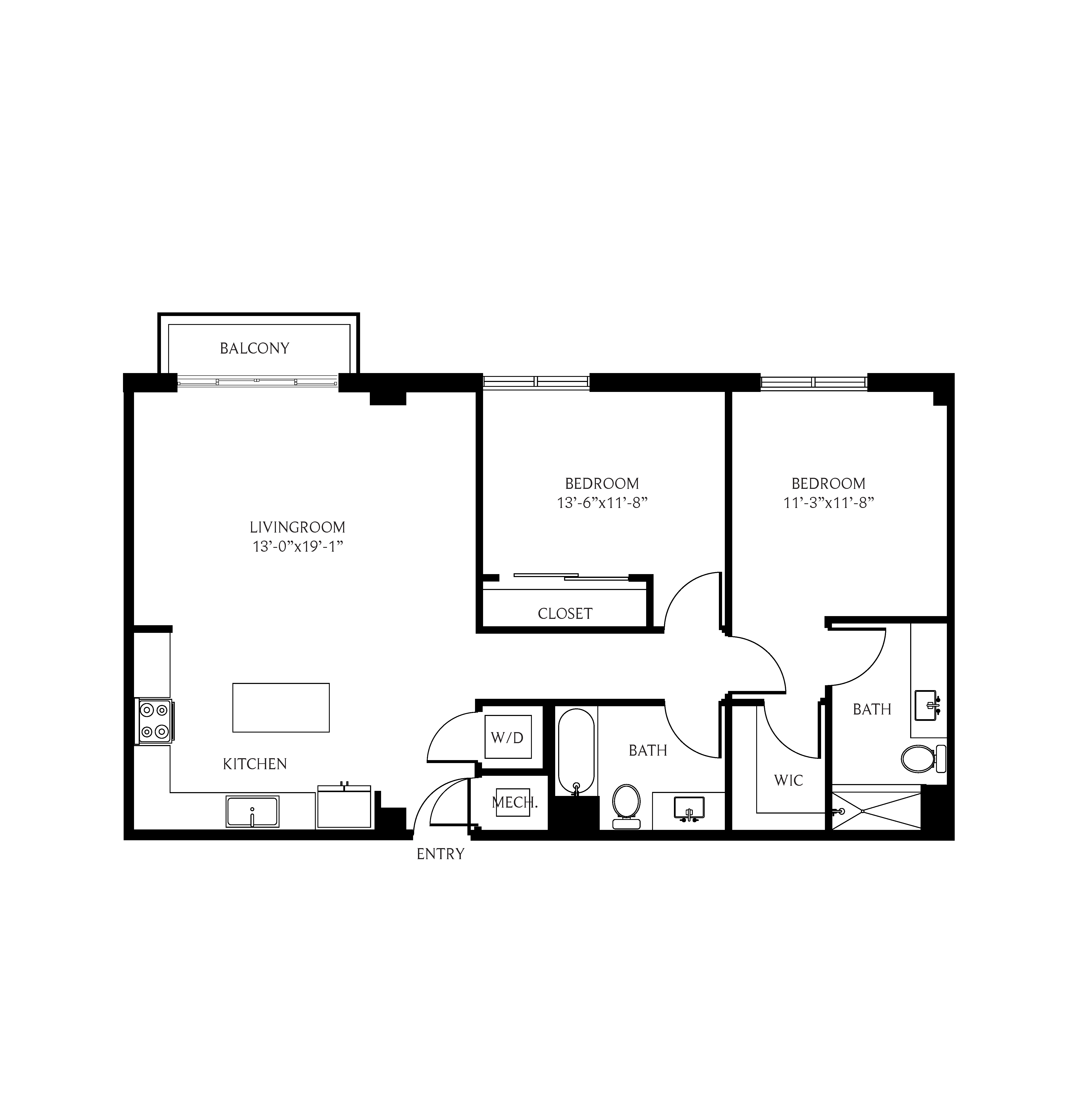 Floor plan for 2 beds, 2 baths, 1194 sqft