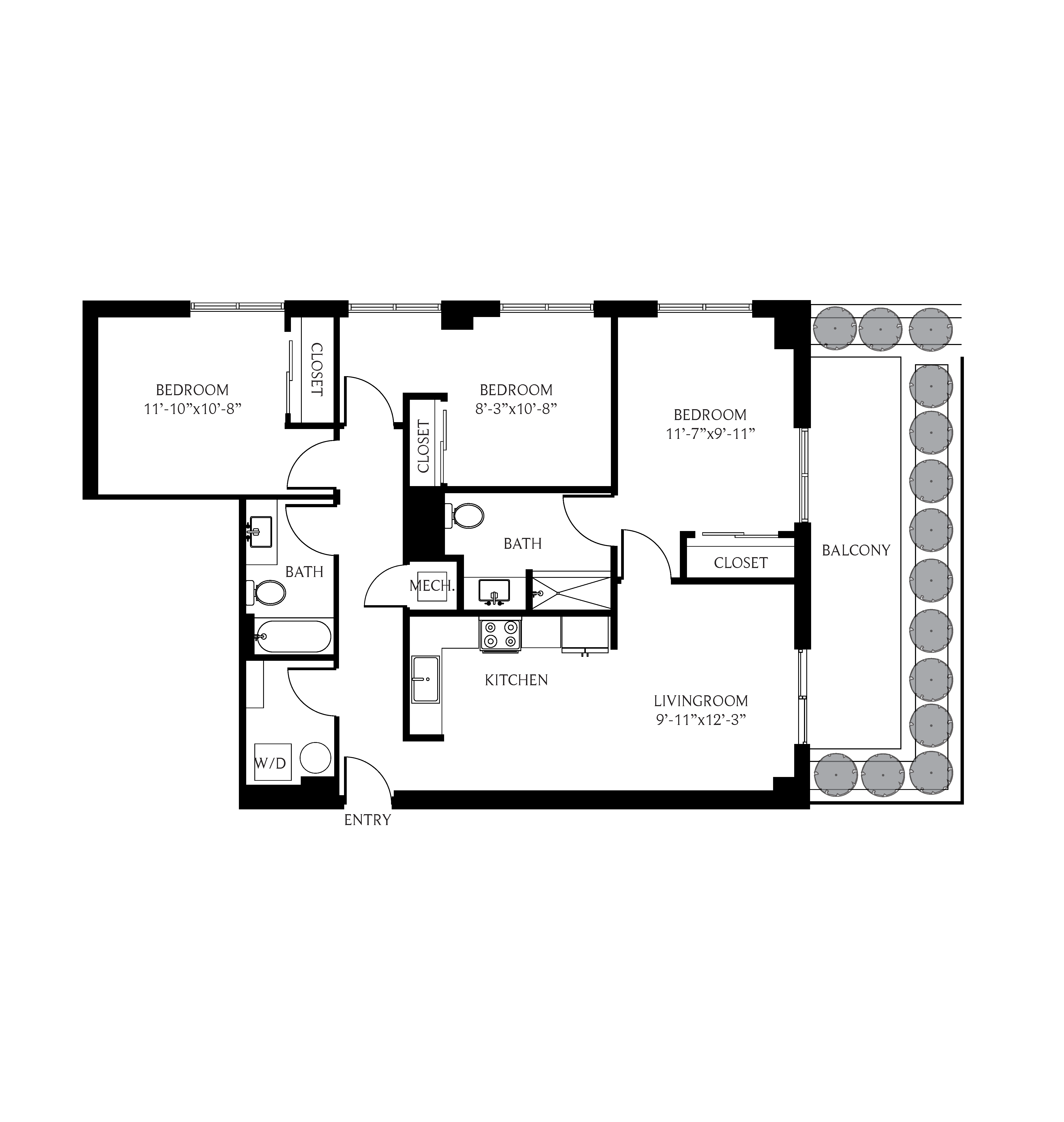 Floor plan for 3 beds, 2 baths, 1251 sqft