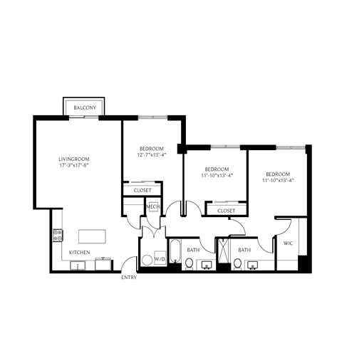 Floor plan for 3 beds, 2 baths, 1504 sqft