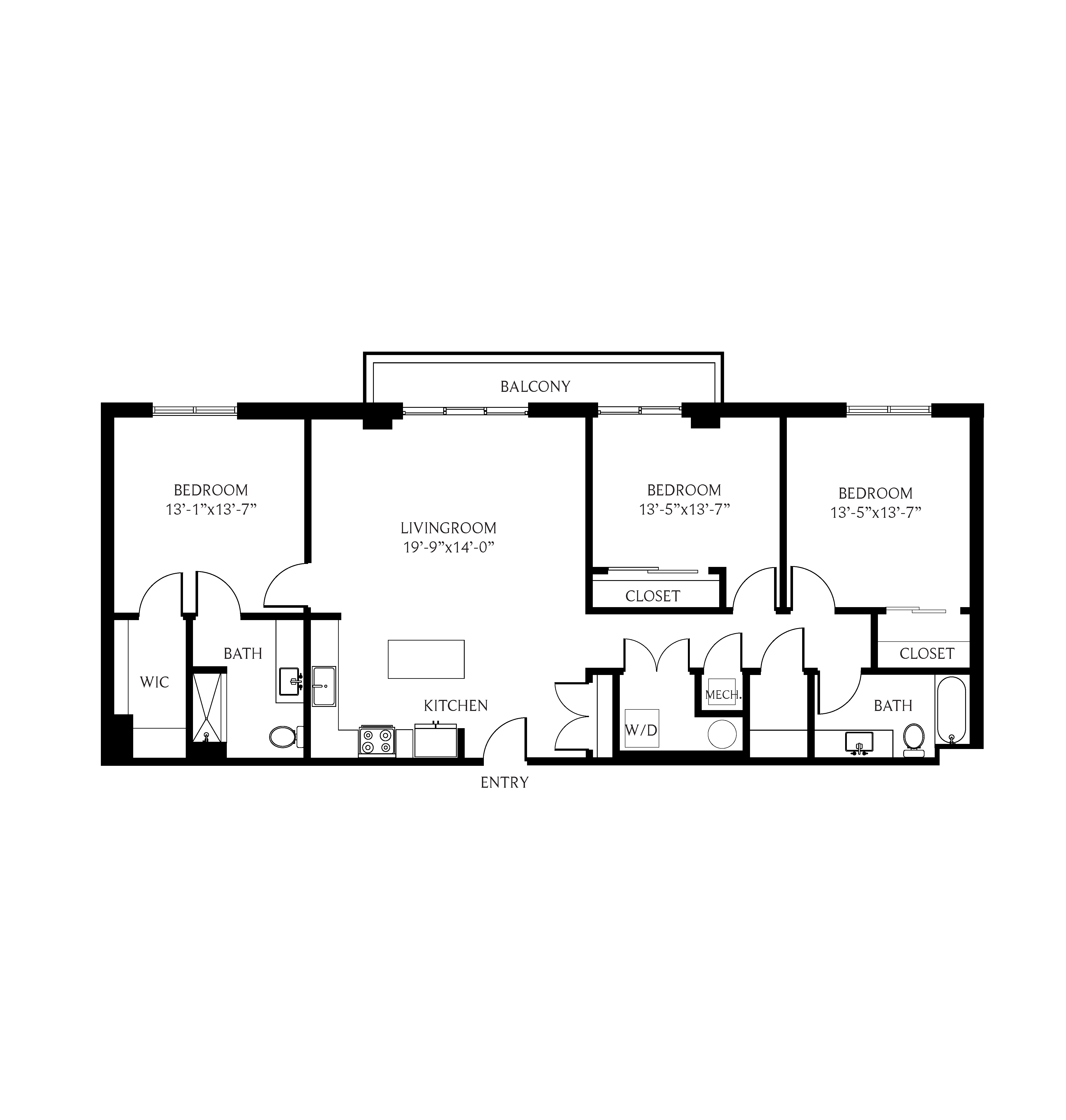 Floor plan for 3 beds, 2 baths, 1573 sqft