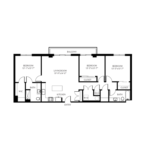 Floor plan for 3 beds, 2 baths, 1573 sqft