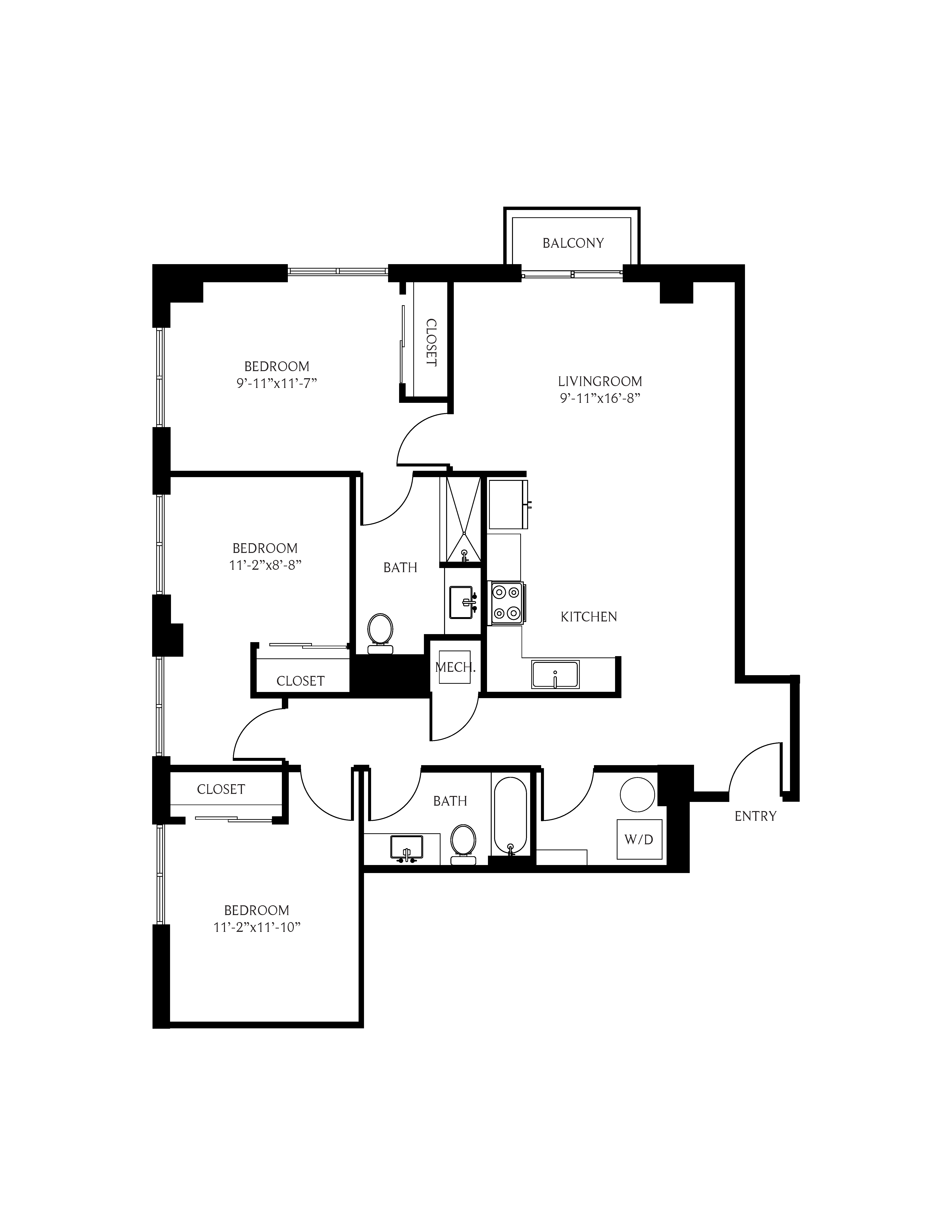 Floor plan for 3 beds, 2 baths, 1382 sqft