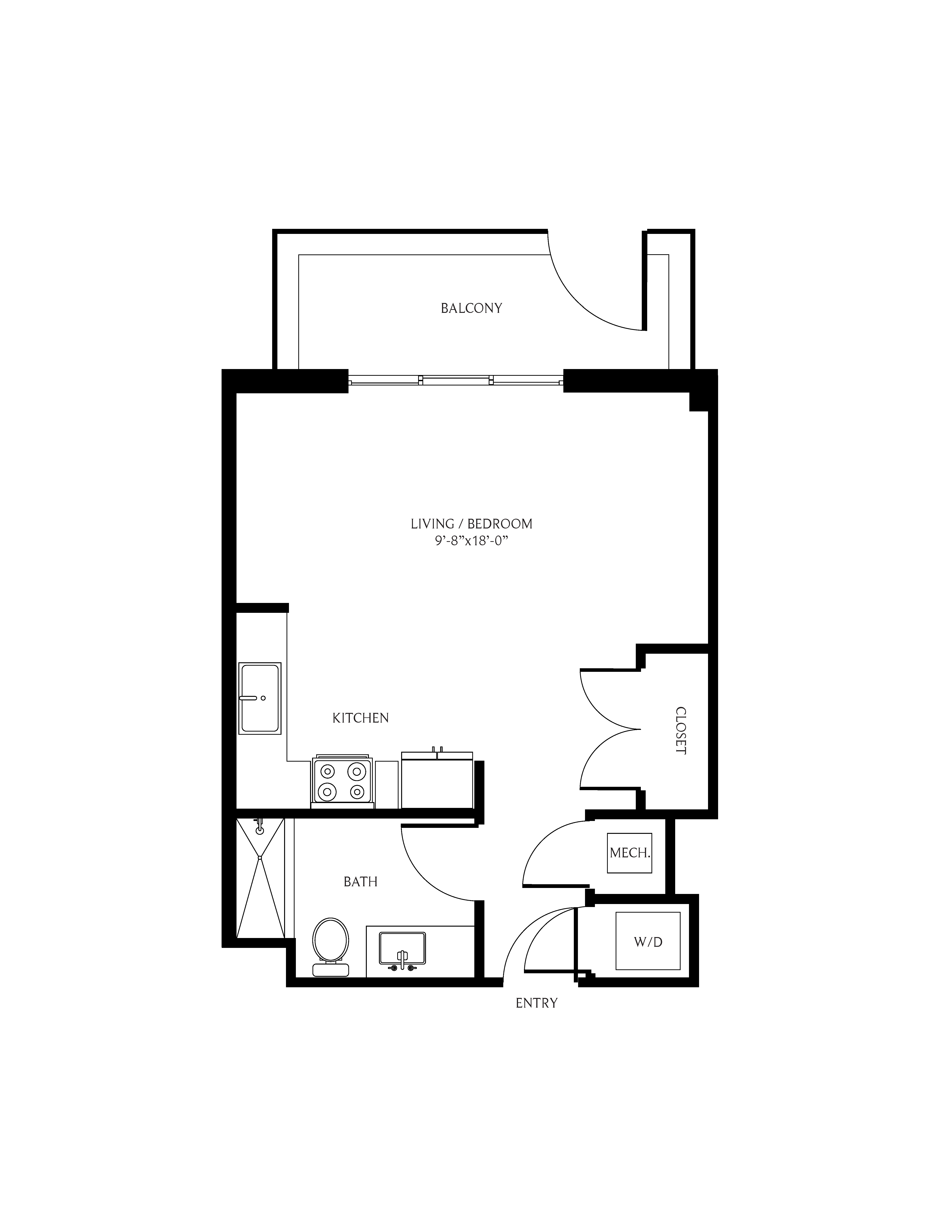 Floor plan for studio, 1 bath, 516 sqft