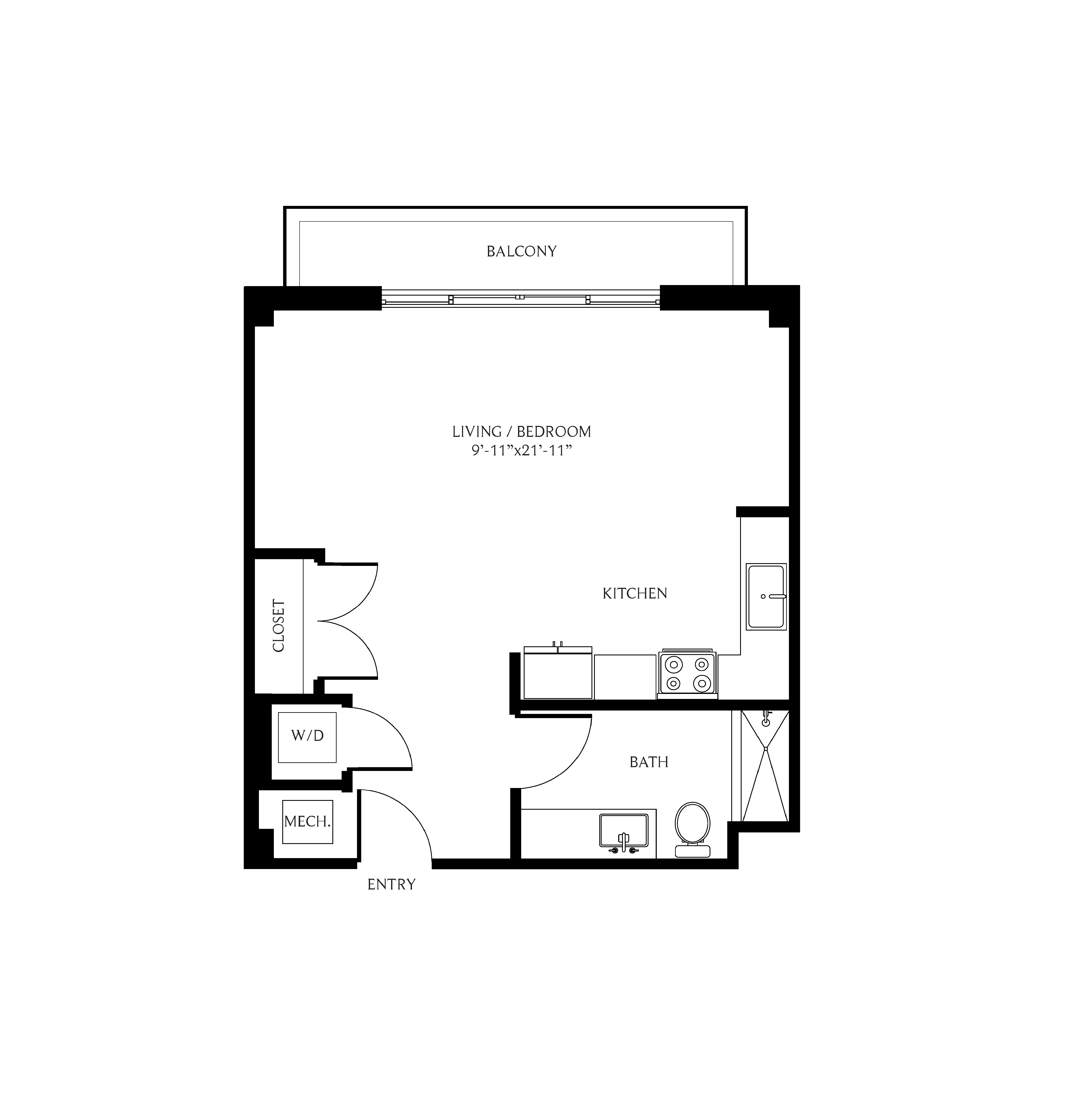 Floor plan for studio, 1 bath, 587 sqft