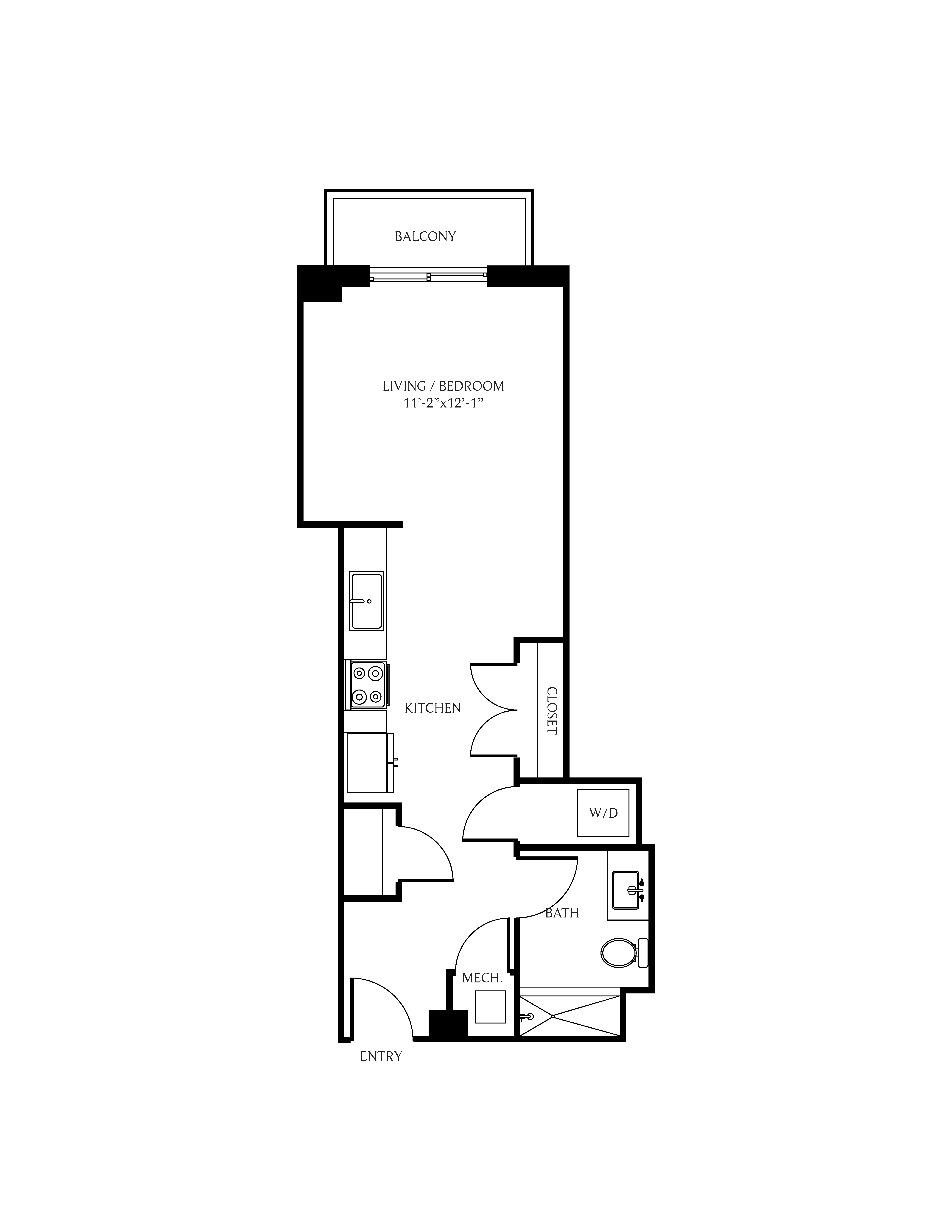 Floor plan for studio, 1 bath, 535 sqft