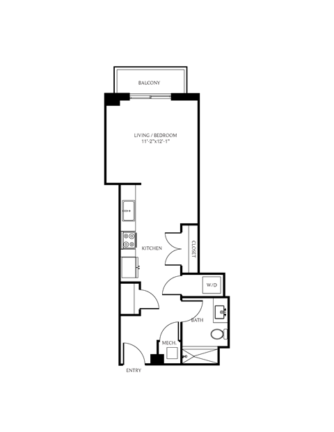 Floor plan for studio, 1 bath, 535 sqft