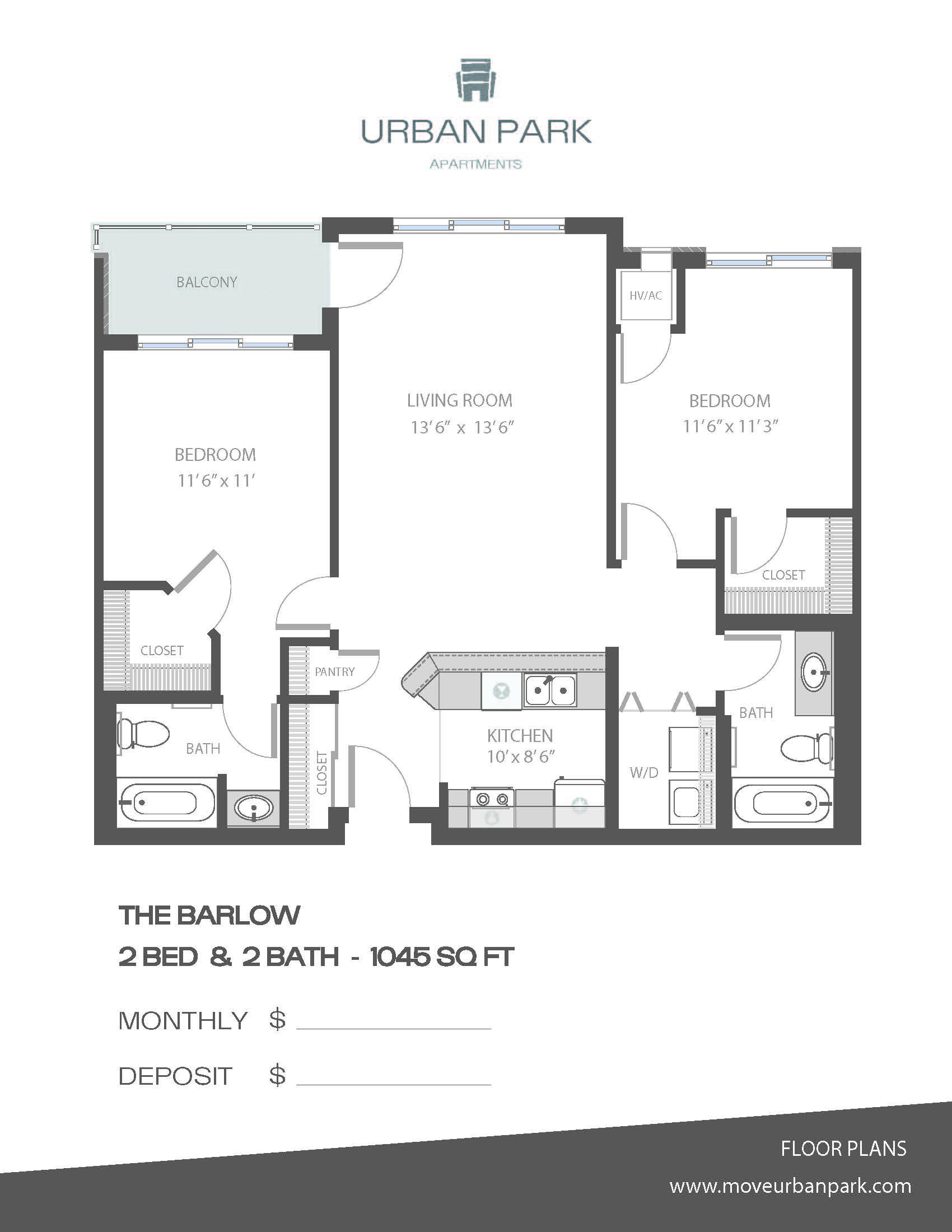 Floor plan for 2 beds, 2 baths, 1045 sqft