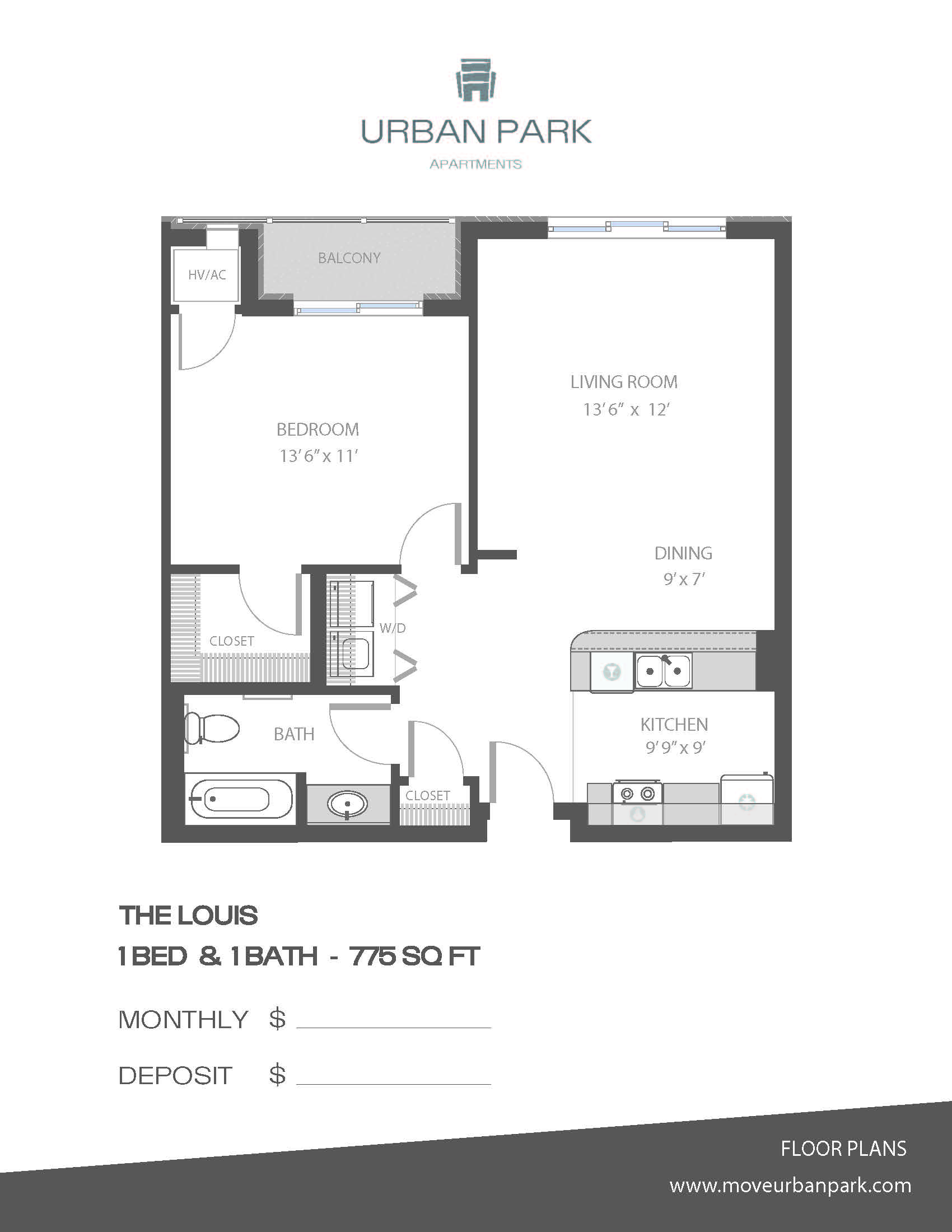 Floor plan for 1 bed, 1 bath, 757 sqft