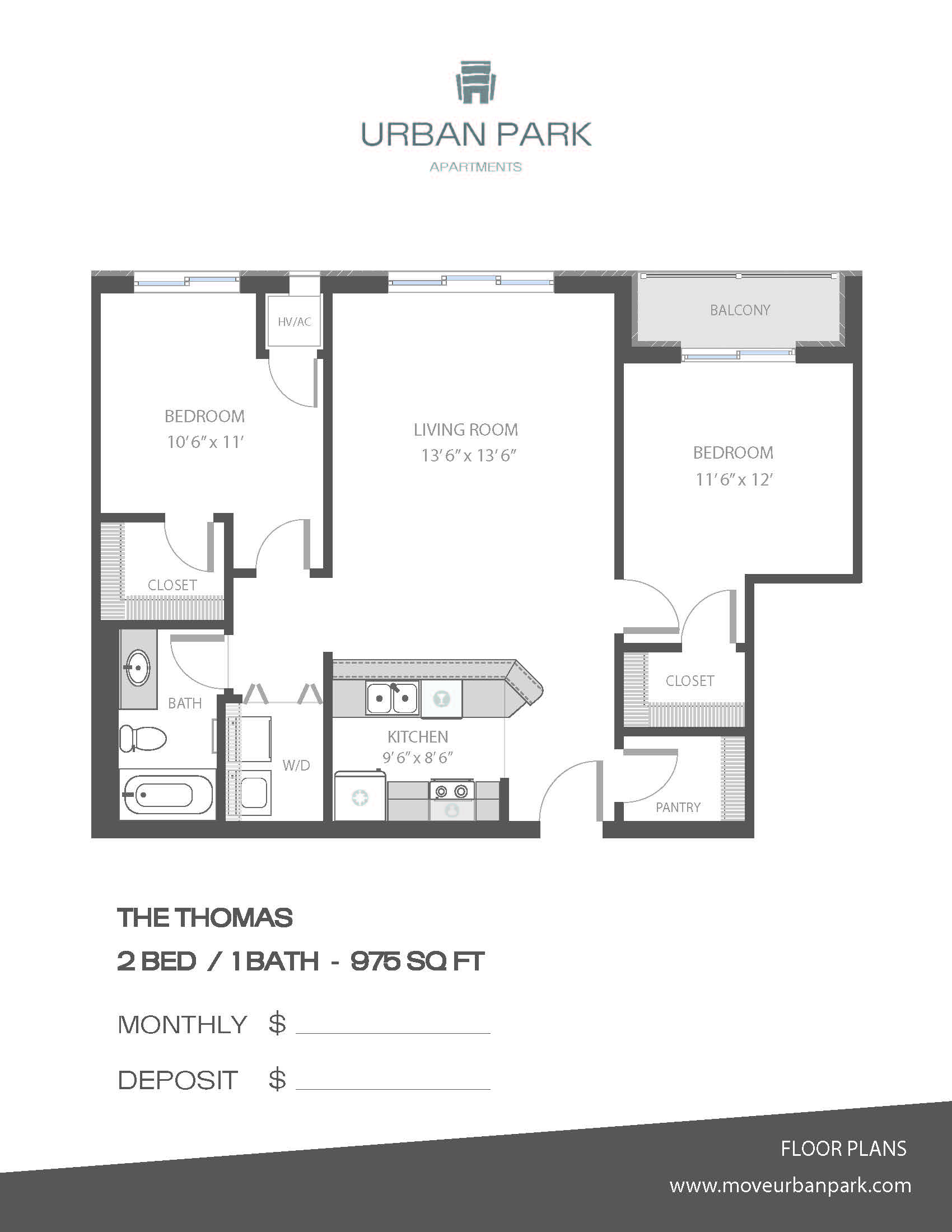 Floor plan for 2 beds, 1 bath, 975 sqft