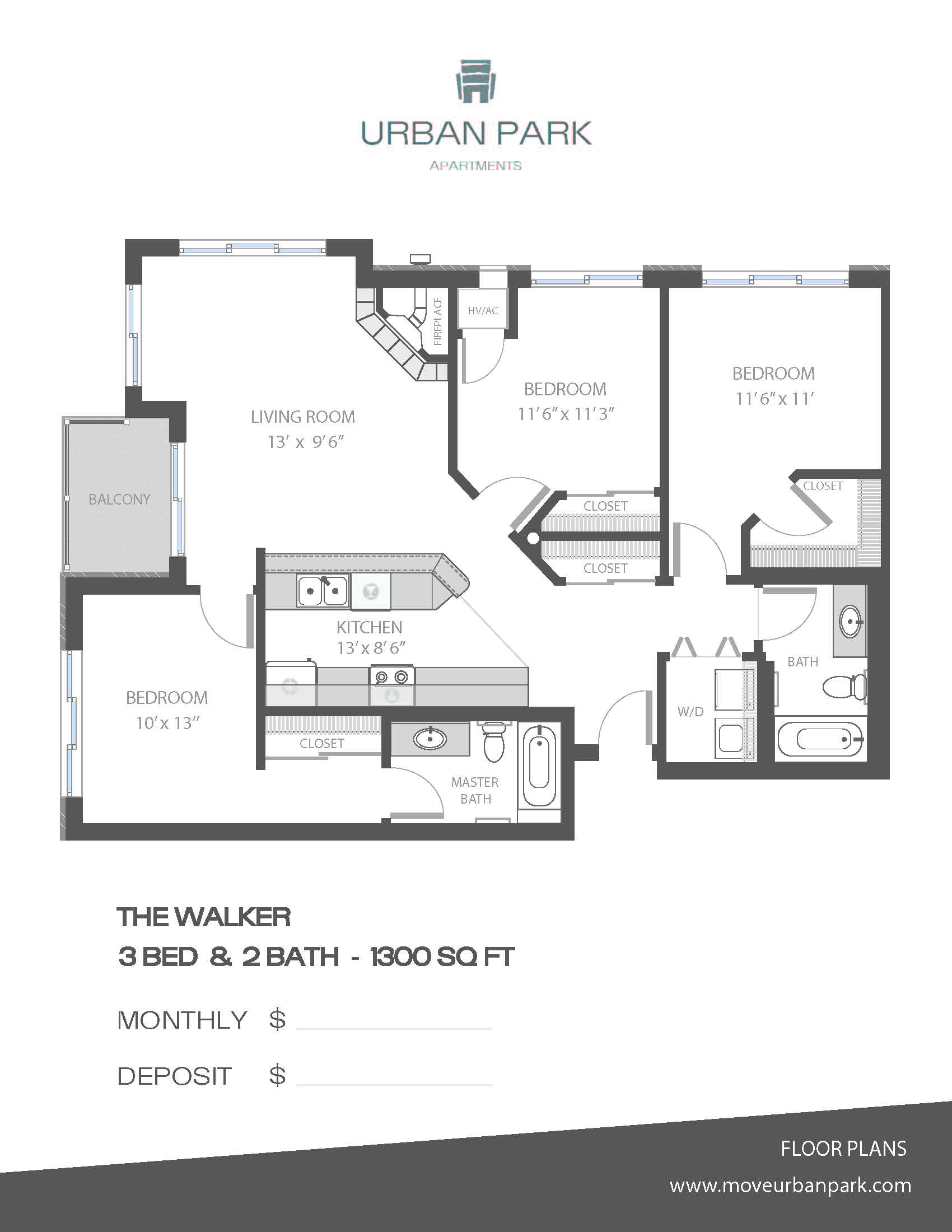 Floor plan for 3 beds, 2 baths, 1307 sqft