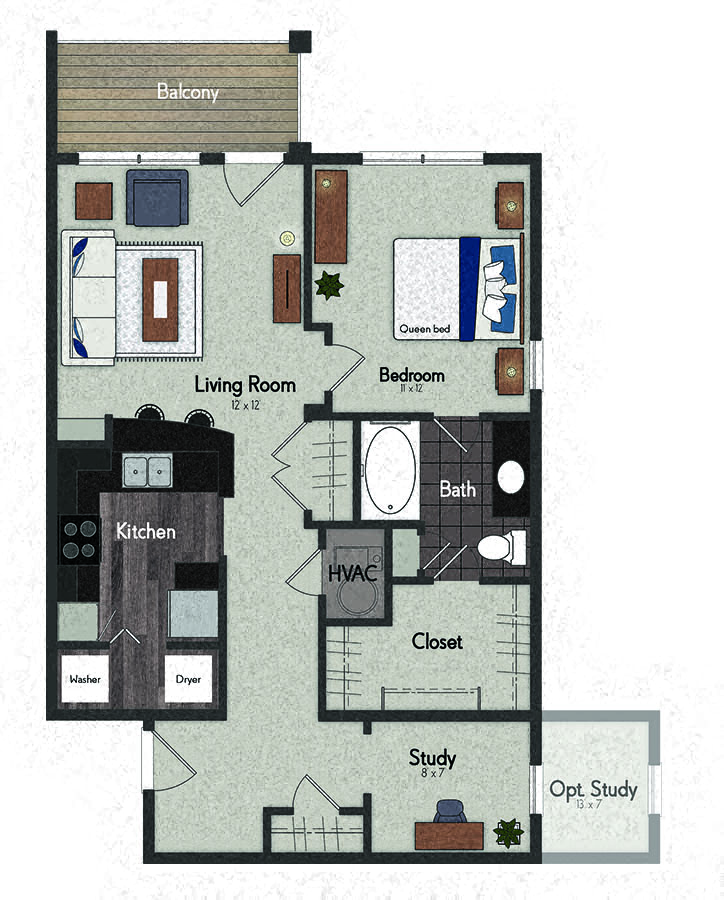 Floor plan for 1 bed, 1 bath, 831 sqft