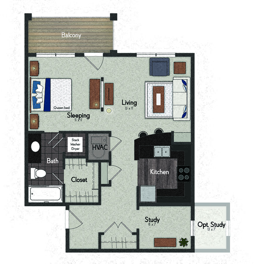 Floor plan for studio, 1 bath, 732 sqft