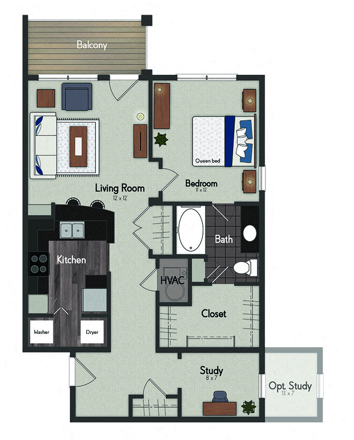 Floor plan for 1 bed, 1 bath, 831 sqft